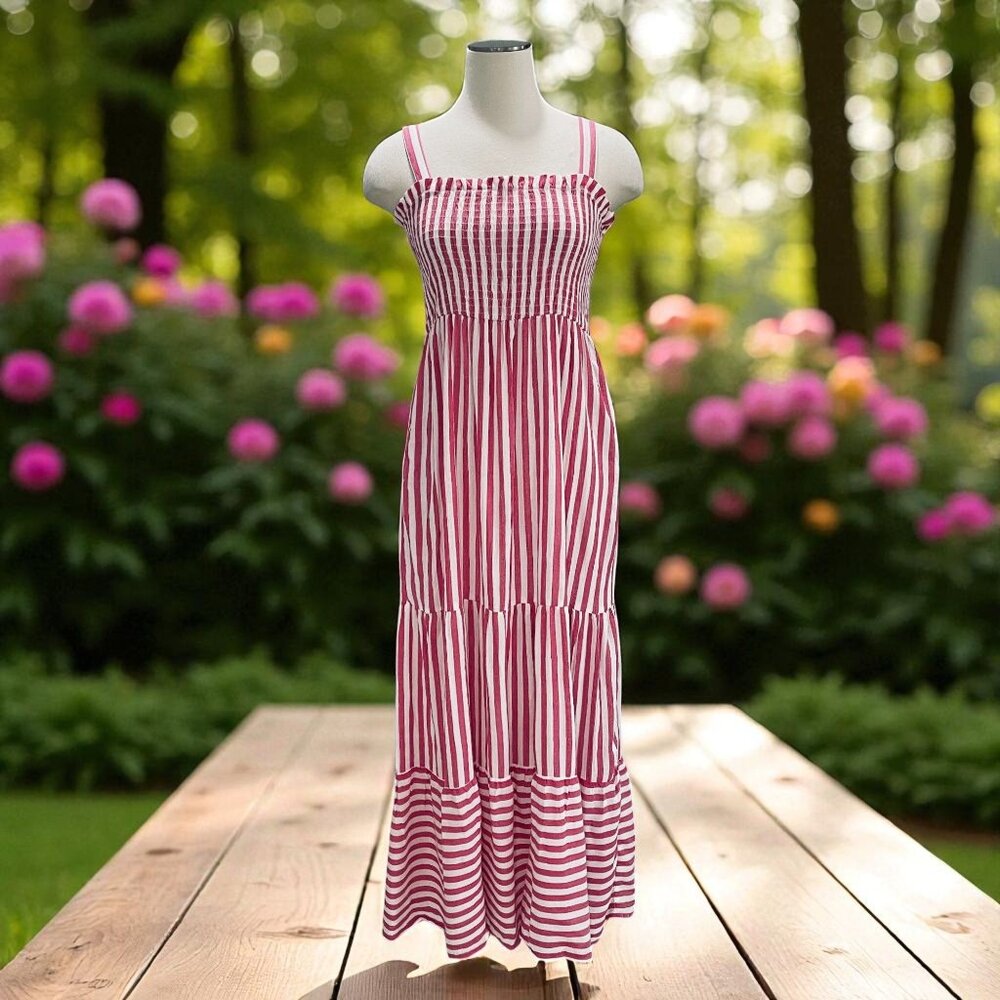Raviva Stripe Maxi Dress Smocked Tiered Pink White Sundress‎ Coastal Grandma